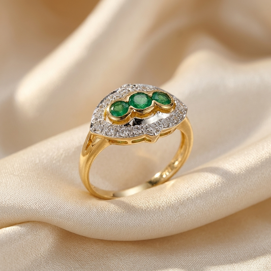 Antique style emerald and diamond dress ring - side view