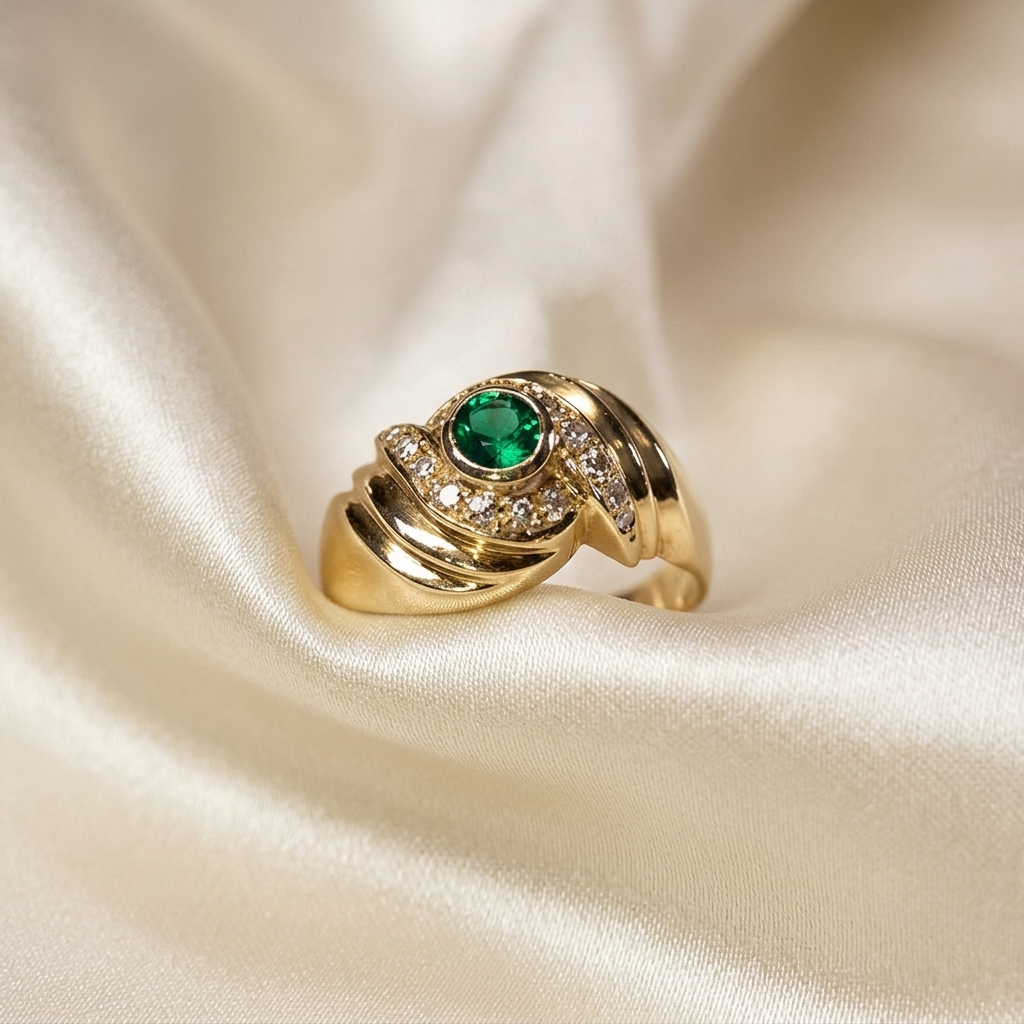Round emerald and pave diamond ring in 9ct yellow gold
