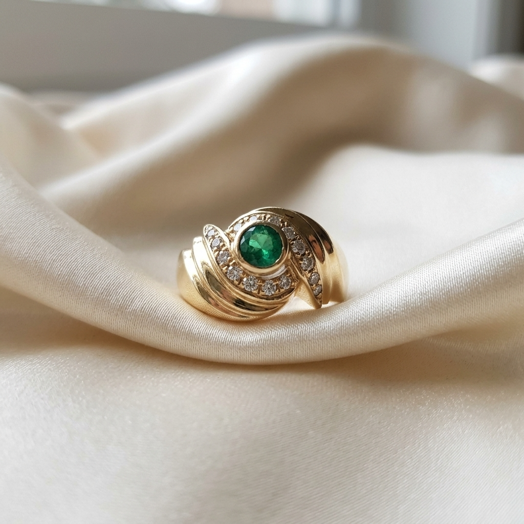 Round emerald and pave diamond ring - detail view