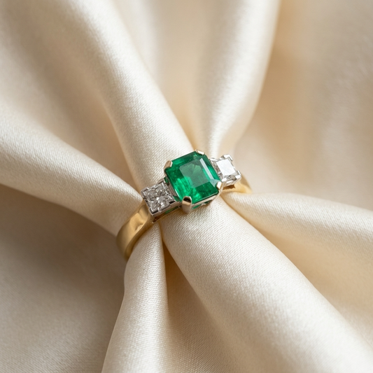 Square emerald cut Colombian emerald and princess cut diamond ring in 18ct yellow and white gold