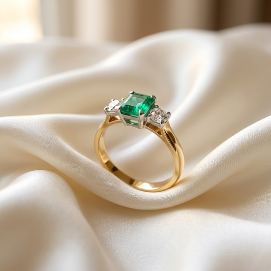 Colombian emerald and princess cut diamond ring - side view