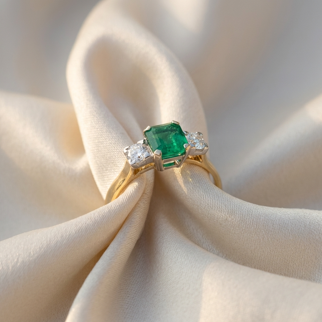 Colombian emerald and princess cut diamond ring - detail view