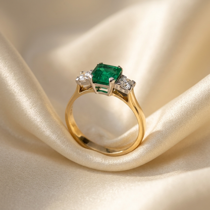 Colombian emerald and princess cut diamond ring - angled view