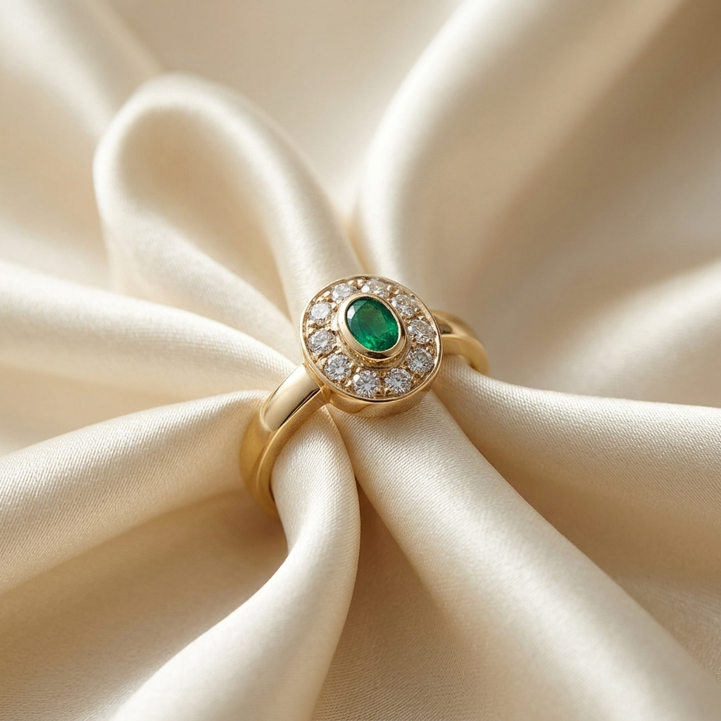 Antique style oval emerald and diamond dress ring - side view