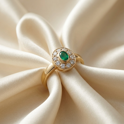 Antique style oval emerald and diamond dress ring - side view