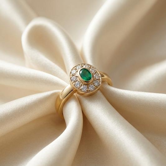 Antique style oval emerald and diamond dress ring - side view