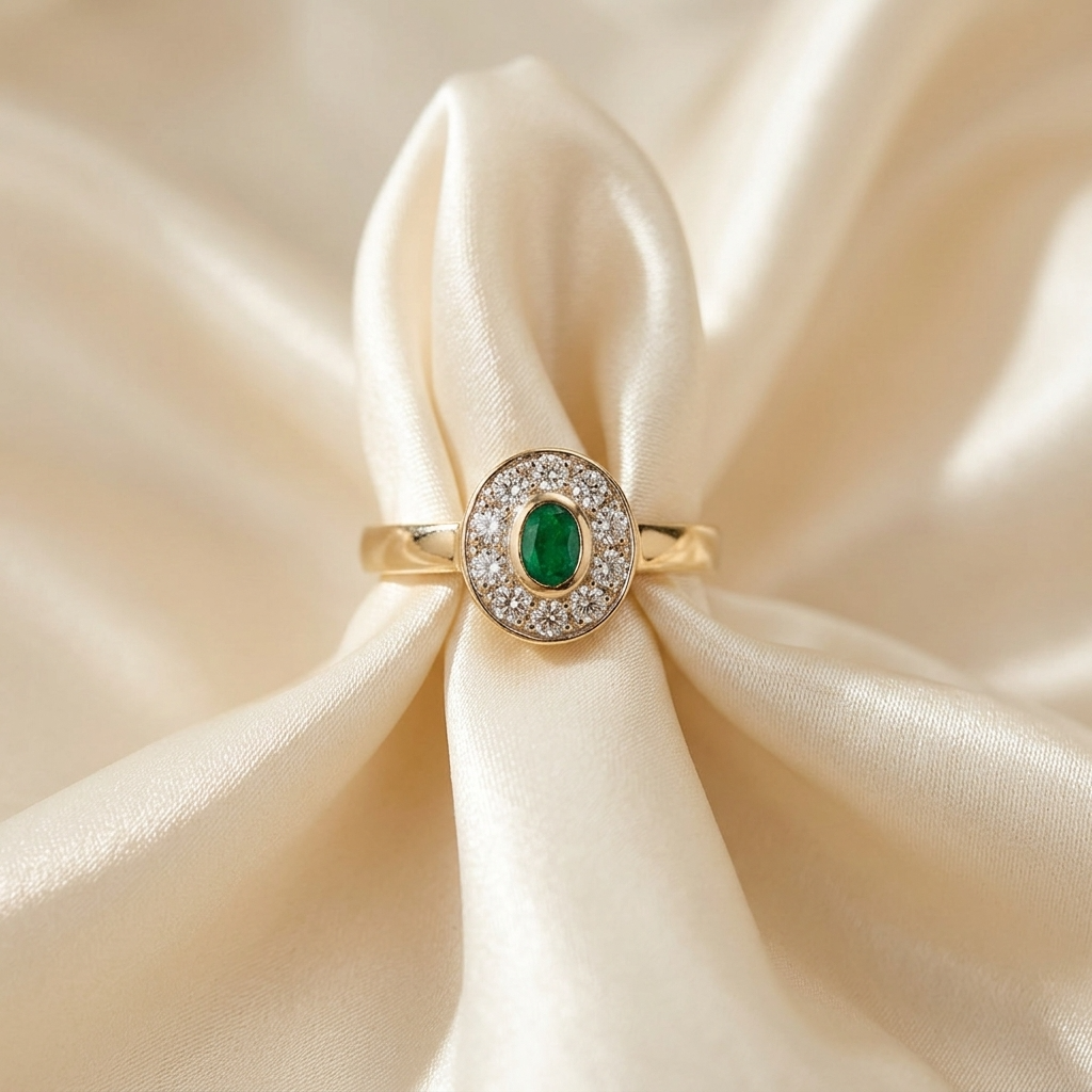 Antique style oval emerald and diamond dress ring - angled view