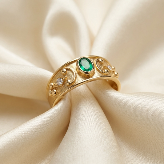 Etruscan style emerald and diamond ring in 9ct yellow gold