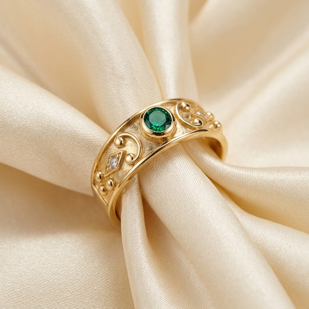 Etruscan style emerald and diamond ring in 9ct yellow gold - side view