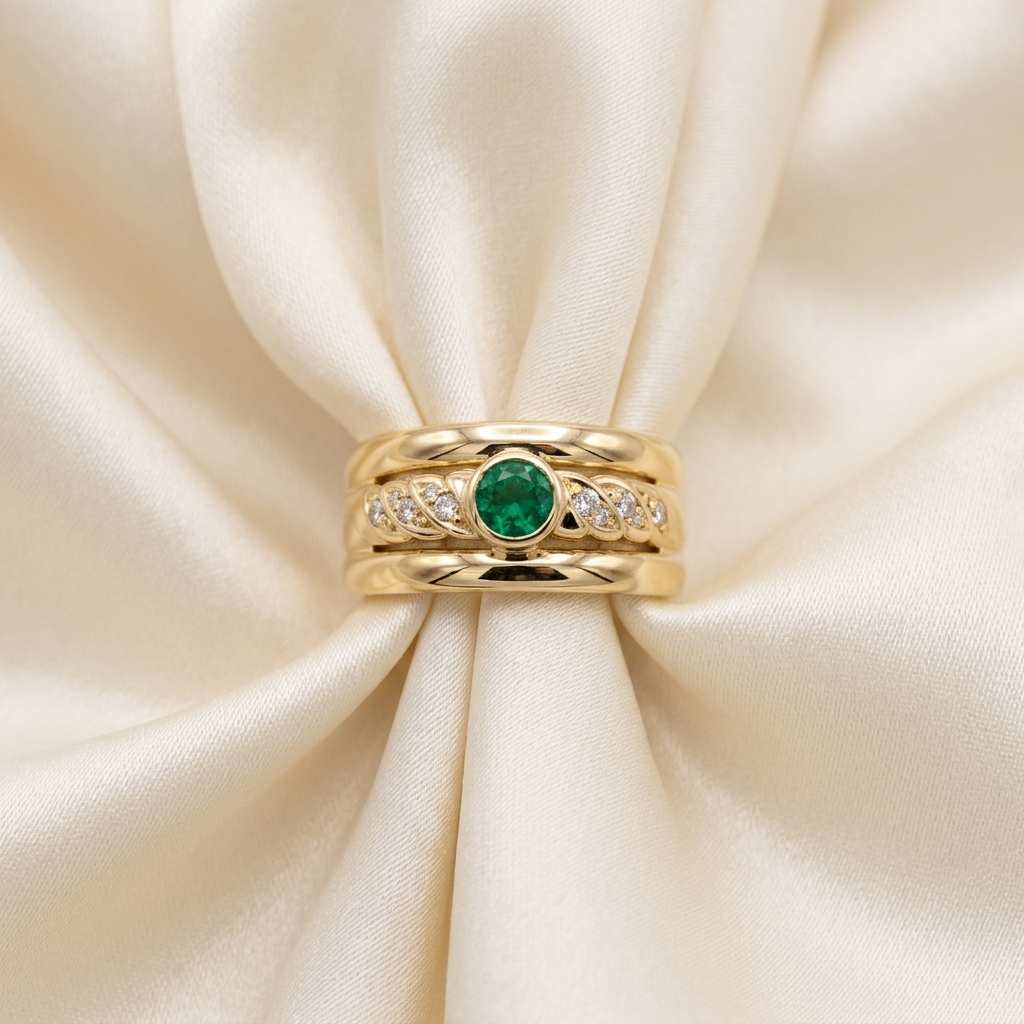 Round emerald and diamond trilogy stack ring in 9ct yellow gold
