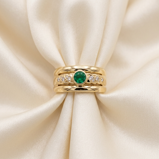 Round emerald and diamond trilogy stack ring in 9ct yellow gold