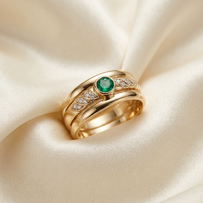Round emerald and diamond trilogy stack ring - side view