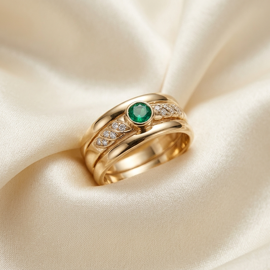 Round emerald and diamond trilogy stack ring - side view
