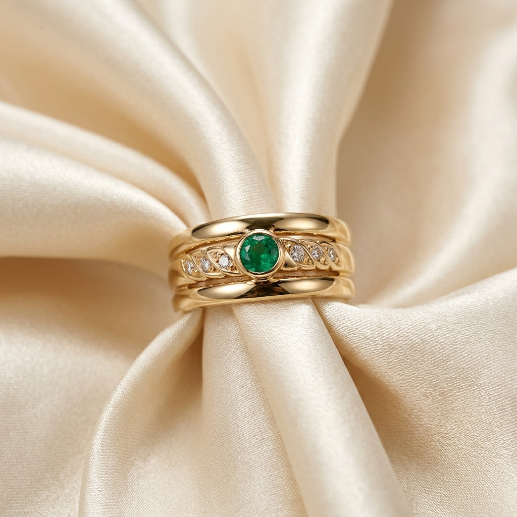 Round emerald and diamond trilogy stack ring - detail view