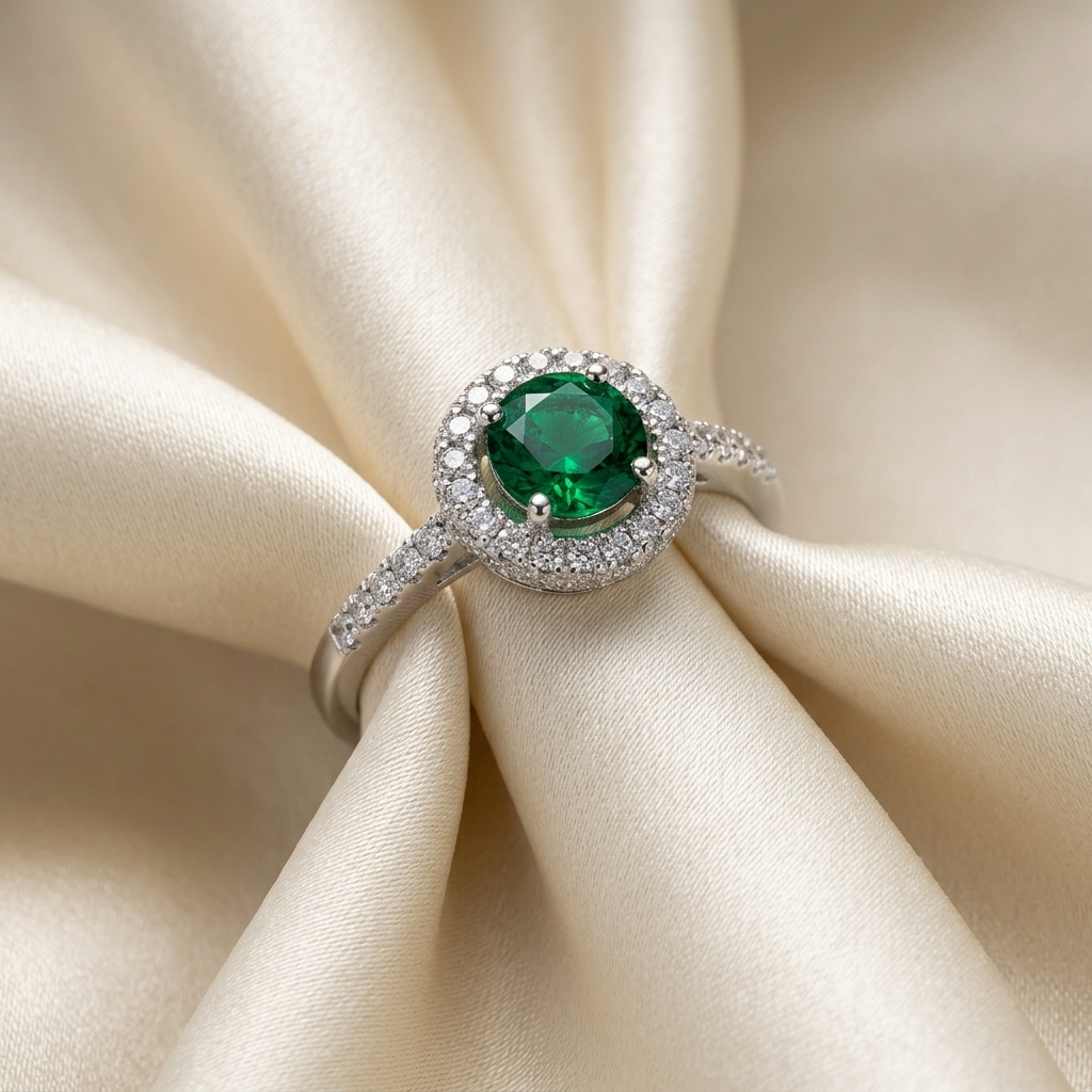 Round African emerald and diamond halo ring in 18ct white gold