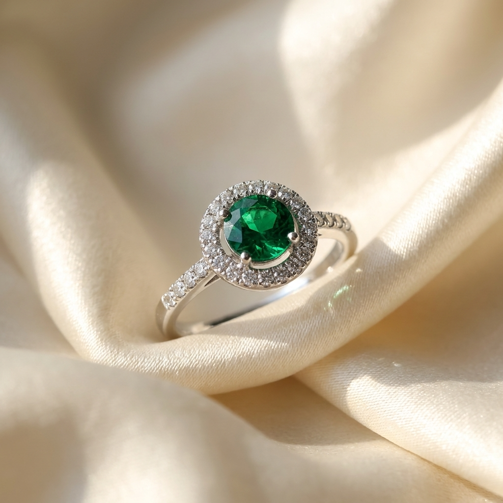 Round African emerald and diamond halo ring - side view