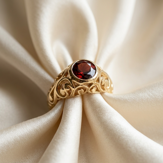 Garnet gold dress ring - side view