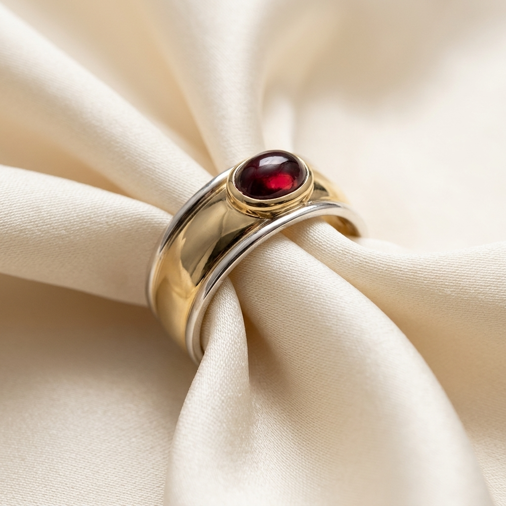 Garnet cabochon ring in yellow and white gold