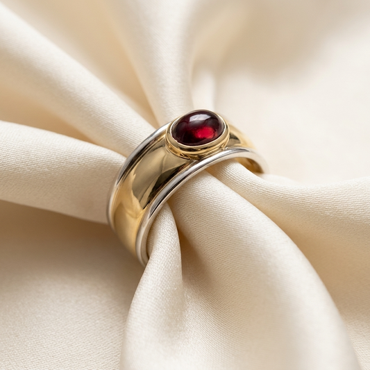 Garnet cabochon ring in yellow and white gold