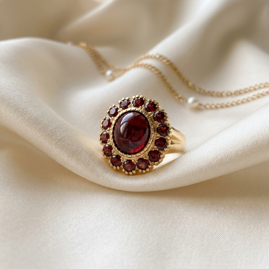 Oval cabochon garnet dress ring in gold - side view