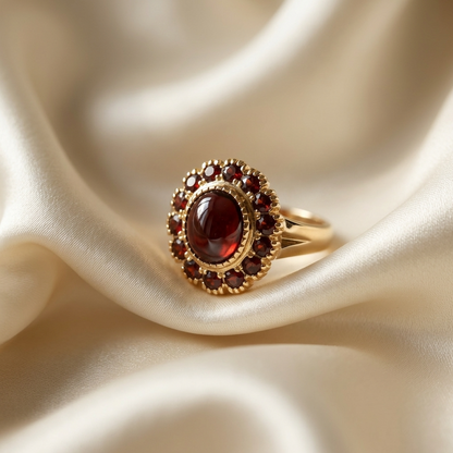 Oval cabochon garnet dress ring in gold
