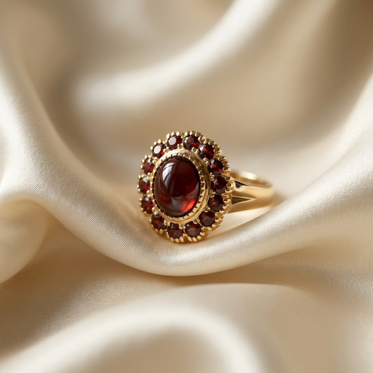 Oval cabochon garnet dress ring in gold