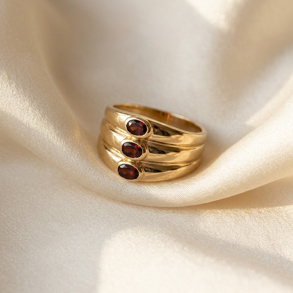 Garnet trilogy gold dome dress ring - angled view