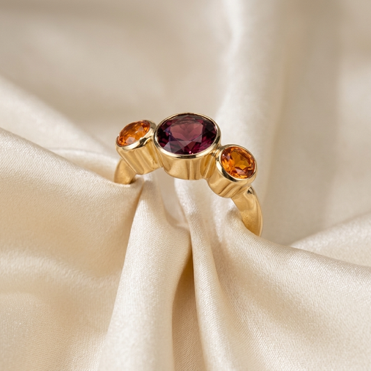 Citrine and garnet trilogy gold dress ring