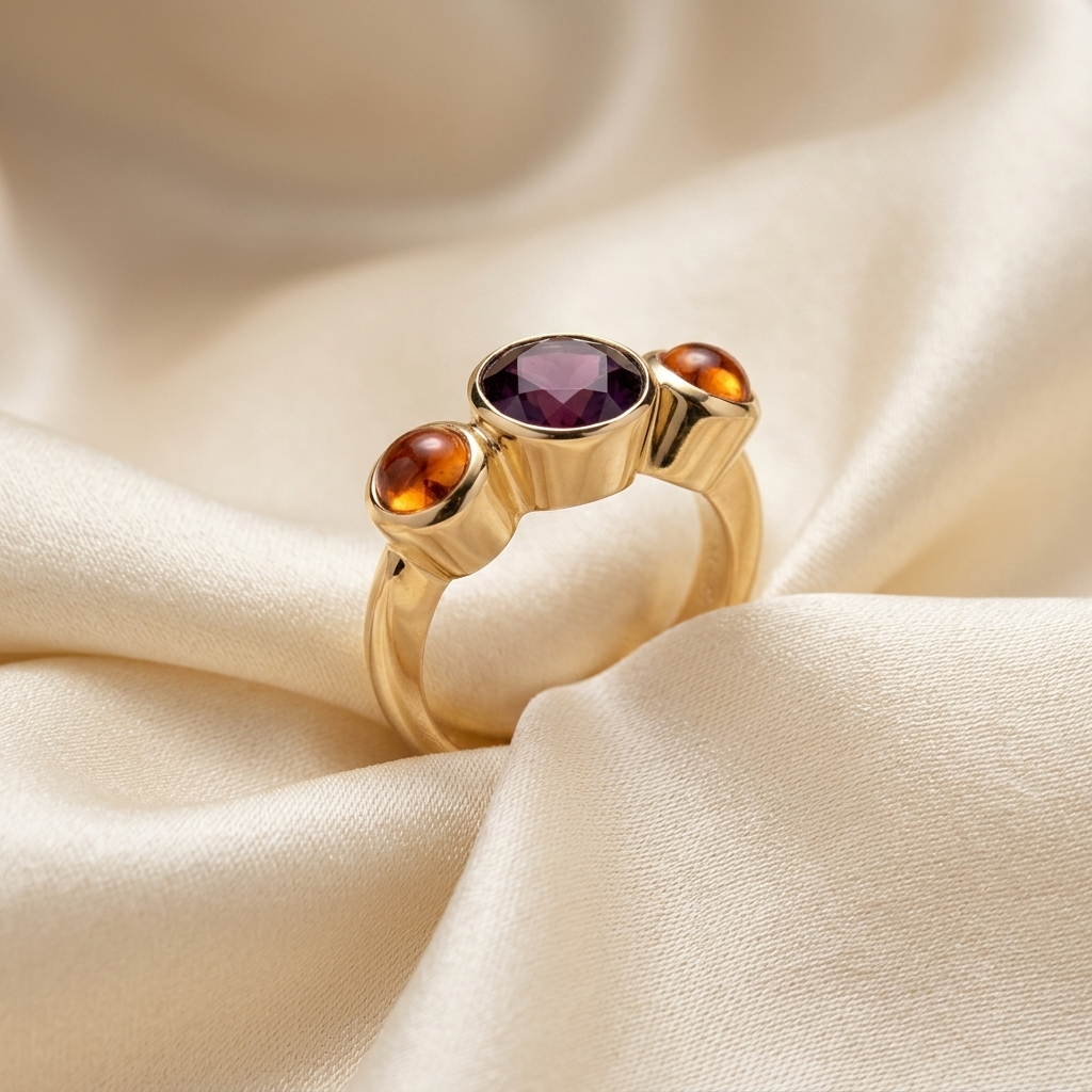 Citrine and garnet trilogy gold dress ring - side view
