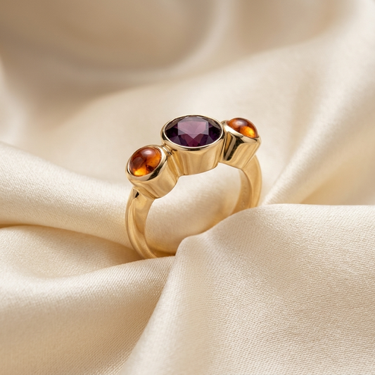 Citrine and garnet trilogy gold dress ring - side view