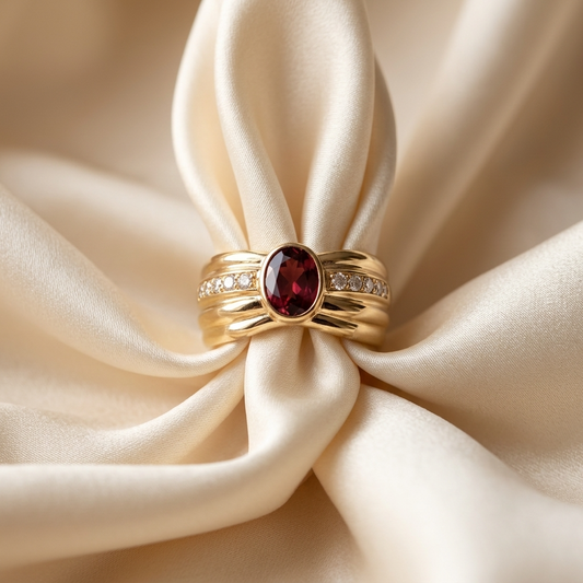 Oval garnet and diamond gold ring