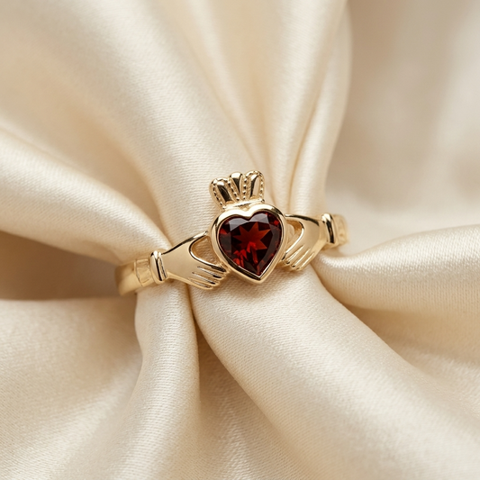 Garnet Claddagh dress ring in yellow gold