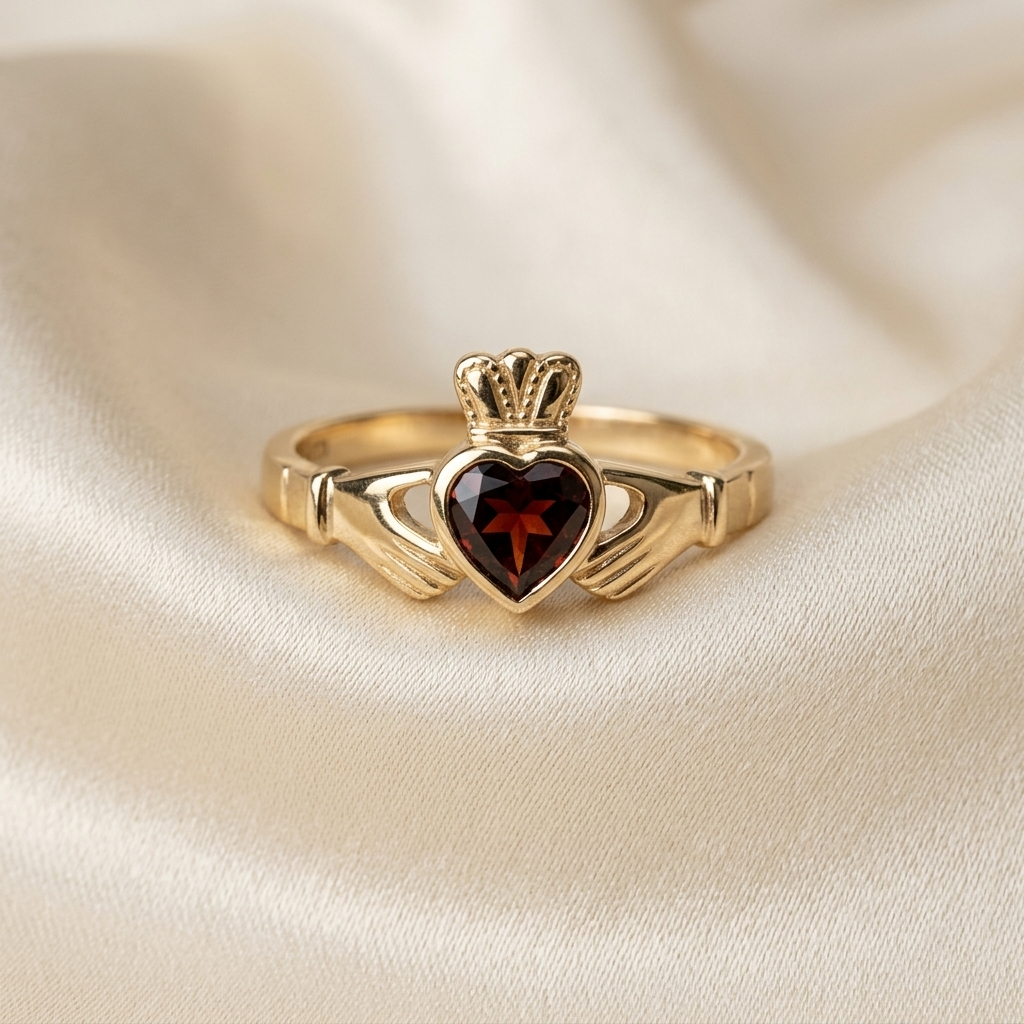 Garnet Claddagh dress ring - side view