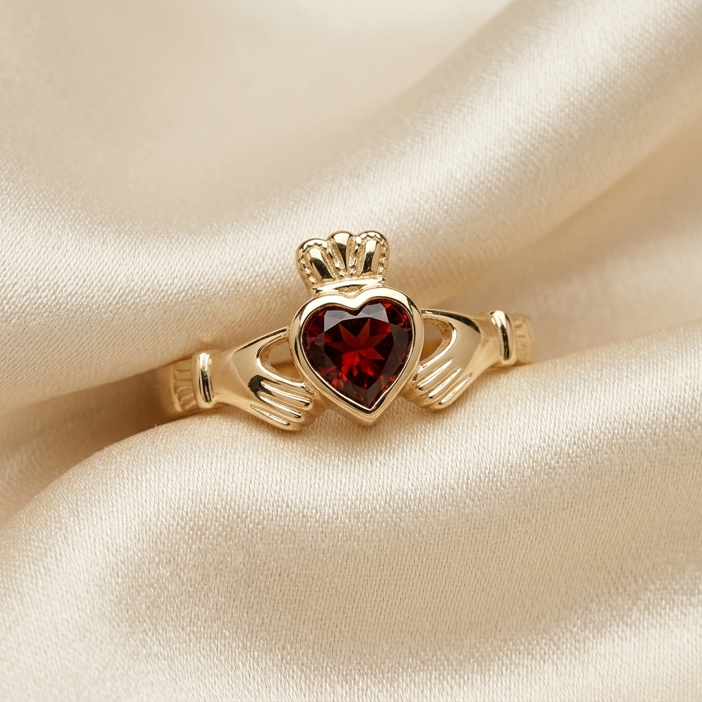Garnet Claddagh dress ring - angled view