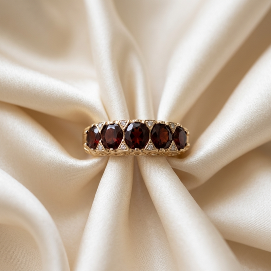 Antique style garnet and diamond gold ring - side view