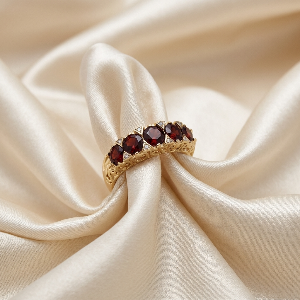 Antique style garnet and diamond gold ring - angled view