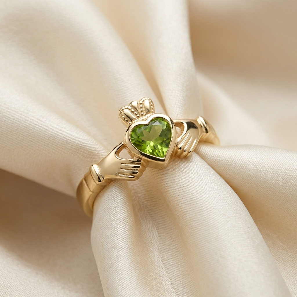 Peridot Claddagh dress ring in yellow gold