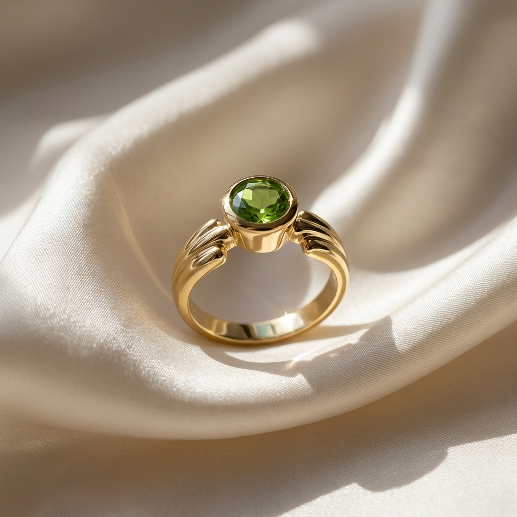 Round peridot gold dress ring - side view