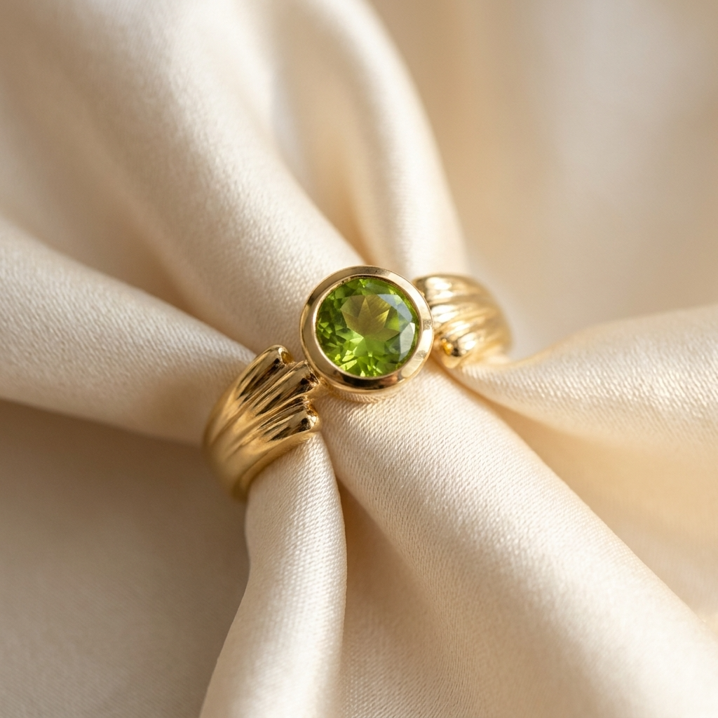 Round peridot gold dress ring - angled view