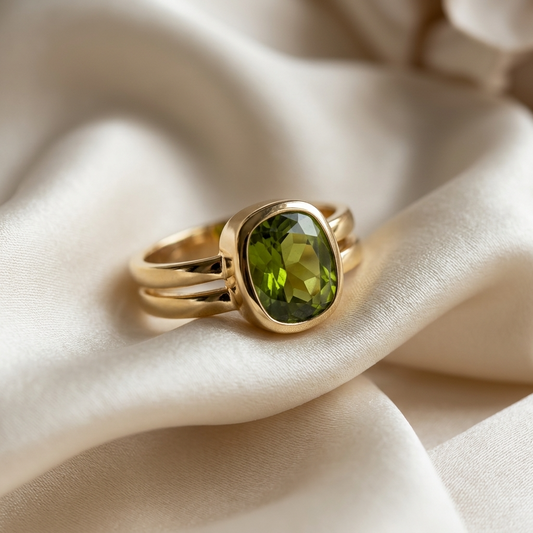 Bezel set peridot gold dress ring