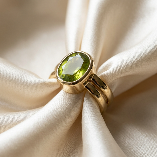 Bezel set peridot gold dress ring - side view
