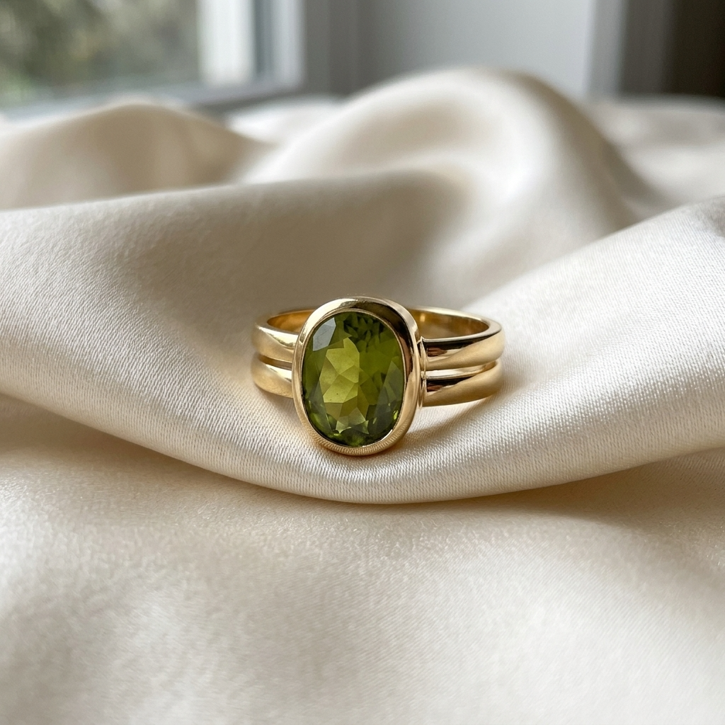 Bezel set peridot gold dress ring - angled view
