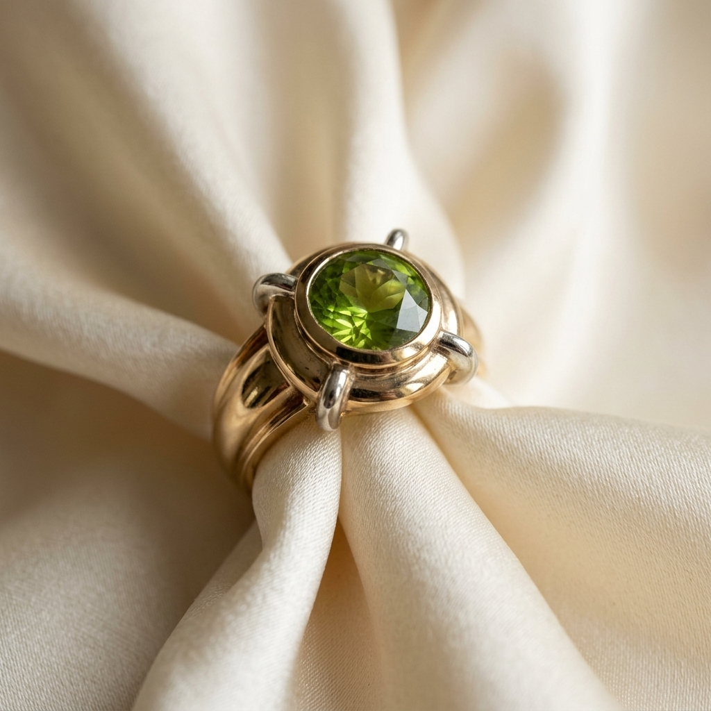 Round peridot gold dress ring - angled view