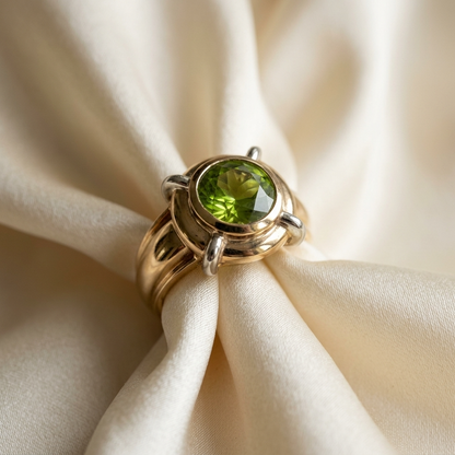 Round peridot gold dress ring - angled view