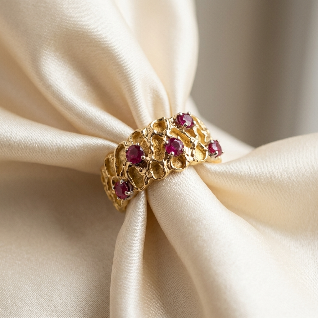 Five stone natural ruby dress ring in 18ct yellow gold