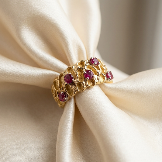 Five stone natural ruby dress ring in 18ct yellow gold