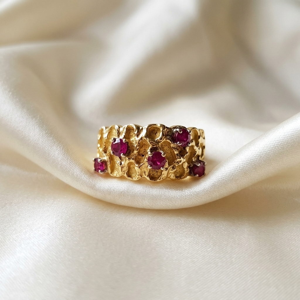Five stone natural ruby dress ring in yellow gold - side view