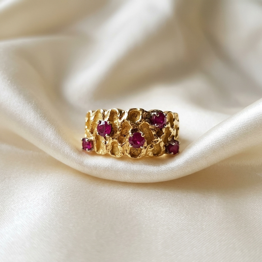 Five stone natural ruby dress ring in yellow gold - side view