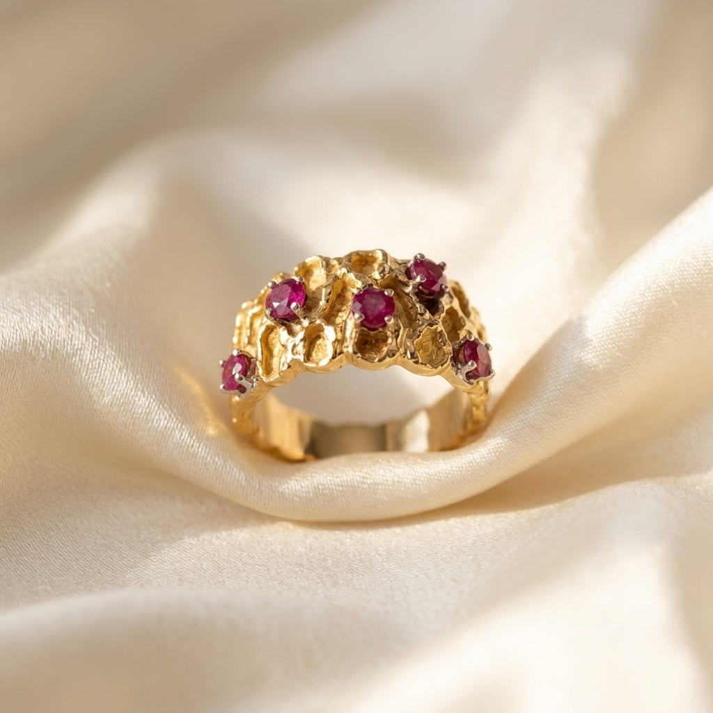 Five stone natural ruby dress ring in yellow gold - detail view
