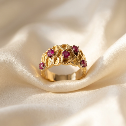 Five stone natural ruby dress ring in yellow gold - detail view